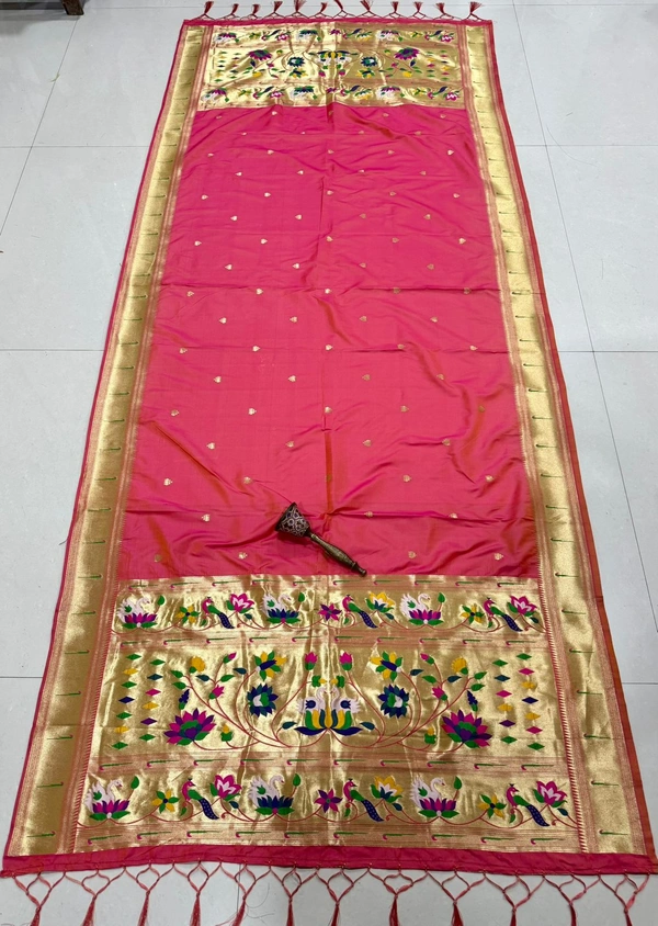 Beautiful Peach Pink Soft Silk Yeola Paithani Dupatta with Rich Weaving Border and Tassels - 2.5mt, Peach Pink