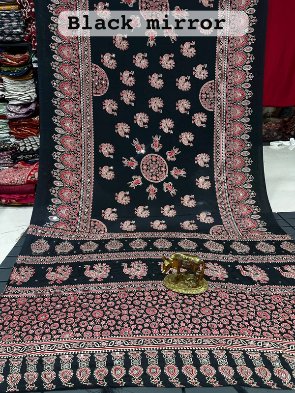 Black Ajrakh Print Saree with Real Mirror Work, Traditional Peacock Motifs and Mandala Pallu - Free, Black