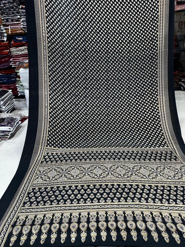 Black & Cream Ajrakh Saree featuring Fine Block Print Micro-Butis and Heavy Traditional Pallu - Free, Black