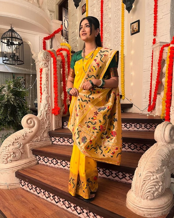"Celebrity Dnyanada Ji Style Pure Kanchivaram Pethani Silk Saree with Original Zari Flower Design & Munia Border – Premium Soft Silk Saree with Running Blouse - FREE, YELLOW