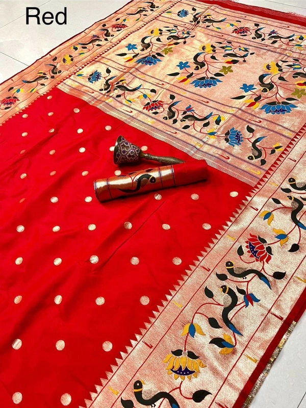 "Celebrity Dnyanada Ji Style Pure Kanchivaram Pethani Silk Saree with Original Zari Flower Design & Munia Border – Premium Soft Silk Saree with Running Blouse - FREE, RED