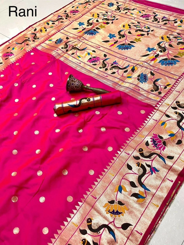 "Celebrity Dnyanada Ji Style Pure Kanchivaram Pethani Silk Saree with Original Zari Flower Design & Munia Border – Premium Soft Silk Saree with Running Blouse - FREE, RANI