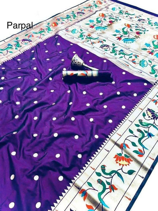 "Celebrity Dnyanada Ji Style Pure Kanchivaram Pethani Silk Saree with Original Zari Flower Design & Munia Border – Premium Soft Silk Saree with Running Blouse - FREE, PURPLE