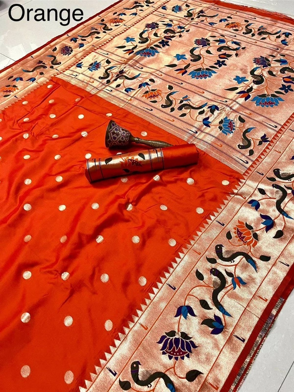 "Celebrity Dnyanada Ji Style Pure Kanchivaram Pethani Silk Saree with Original Zari Flower Design & Munia Border – Premium Soft Silk Saree with Running Blouse - FREE, ORANGE