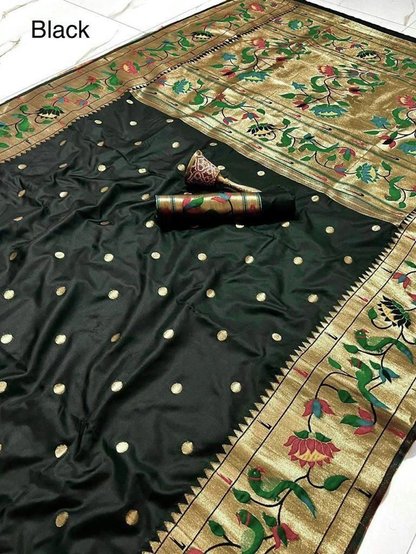 "Celebrity Dnyanada Ji Style Pure Kanchivaram Pethani Silk Saree with Original Zari Flower Design & Munia Border – Premium Soft Silk Saree with Running Blouse - FREE, BLACK