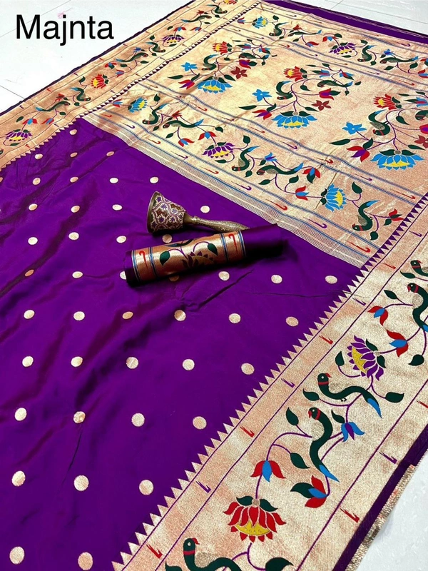 "Celebrity Dnyanada Ji Style Pure Kanchivaram Pethani Silk Saree with Original Zari Flower Design & Munia Border – Premium Soft Silk Saree with Running Blouse - FREE, MAJNTA