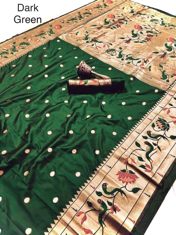 "Celebrity Dnyanada Ji Style Pure Kanchivaram Pethani Silk Saree with Original Zari Flower Design & Munia Border – Premium Soft Silk Saree with Running Blouse - FREE, DARK GREEN