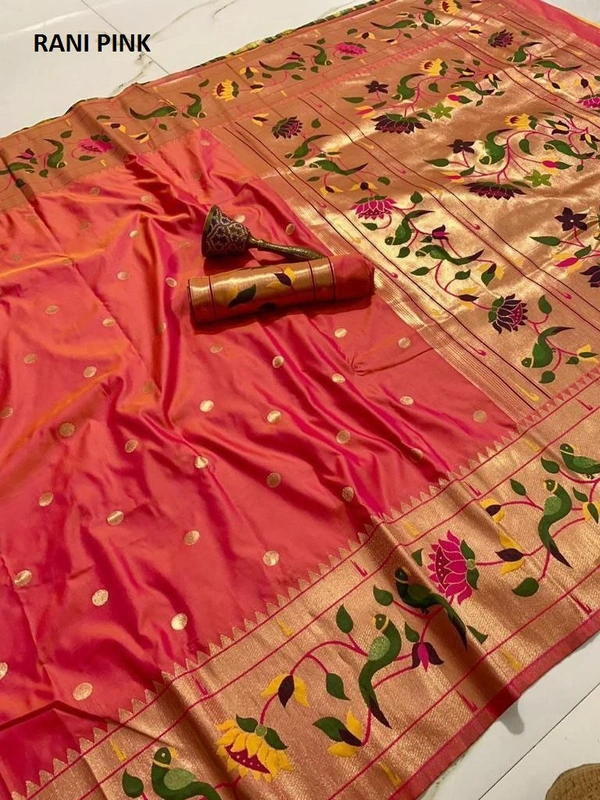 "Celebrity Dnyanada Ji Style Pure Kanchivaram Pethani Silk Saree with Original Zari Flower Design & Munia Border – Premium Soft Silk Saree with Running Blouse - FREE, RANI PINK