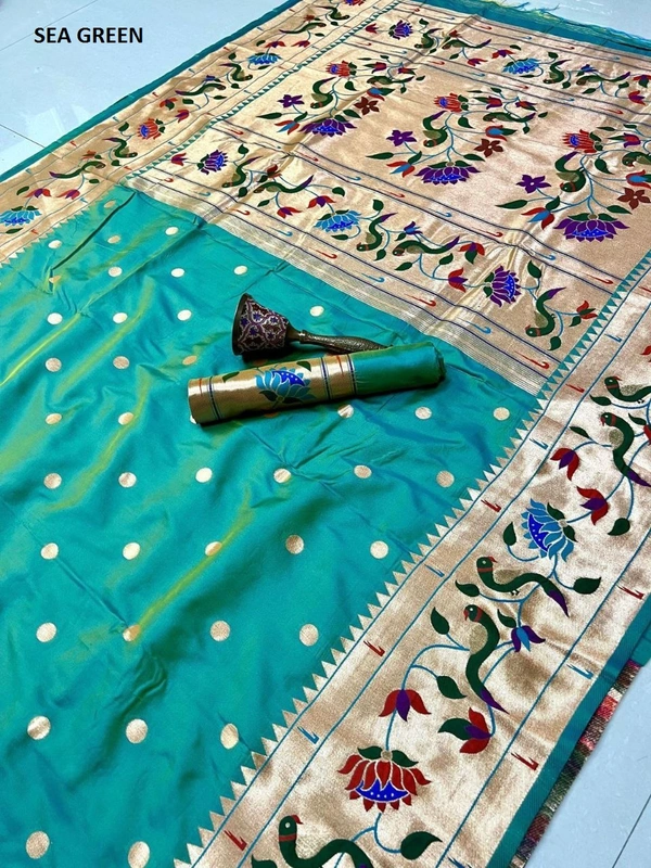 "Celebrity Dnyanada Ji Style Pure Kanchivaram Pethani Silk Saree with Original Zari Flower Design & Munia Border – Premium Soft Silk Saree with Running Blouse - FREE, SEA GREEN