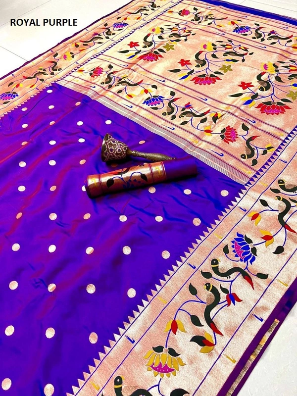 "Celebrity Dnyanada Ji Style Pure Kanchivaram Pethani Silk Saree with Original Zari Flower Design & Munia Border – Premium Soft Silk Saree with Running Blouse - FREE, ROYAL PURPLE