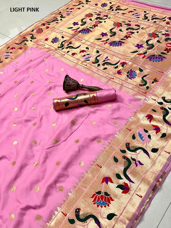 "Celebrity Dnyanada Ji Style Pure Kanchivaram Pethani Silk Saree with Original Zari Flower Design & Munia Border – Premium Soft Silk Saree with Running Blouse - FREE, LIGHT PINK