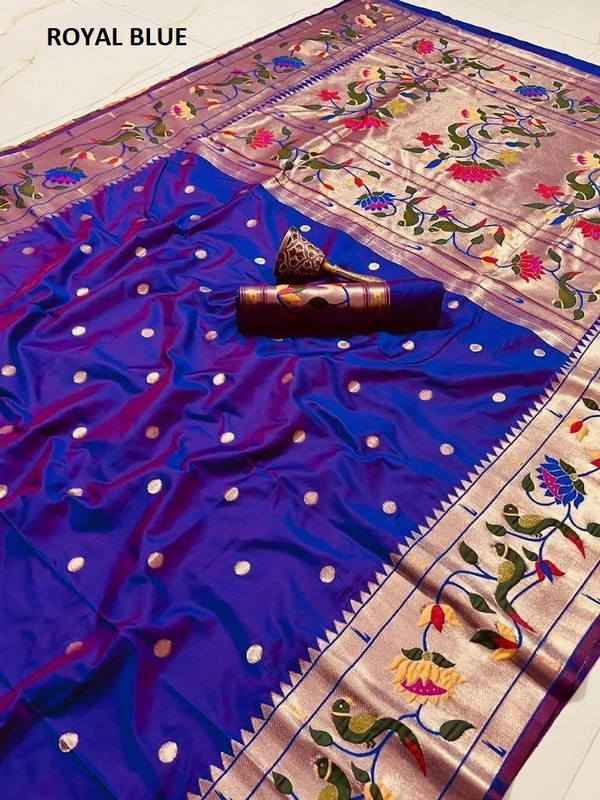 "Celebrity Dnyanada Ji Style Pure Kanchivaram Pethani Silk Saree with Original Zari Flower Design & Munia Border – Premium Soft Silk Saree with Running Blouse - FREE, ROYAL BLUE