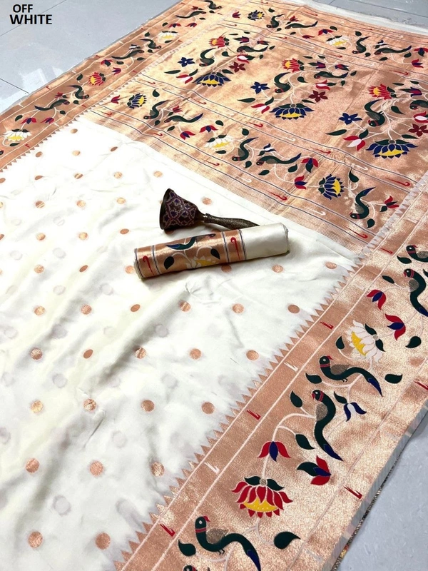 "Celebrity Dnyanada Ji Style Pure Kanchivaram Pethani Silk Saree with Original Zari Flower Design & Munia Border – Premium Soft Silk Saree with Running Blouse - FREE, OFF WHITE