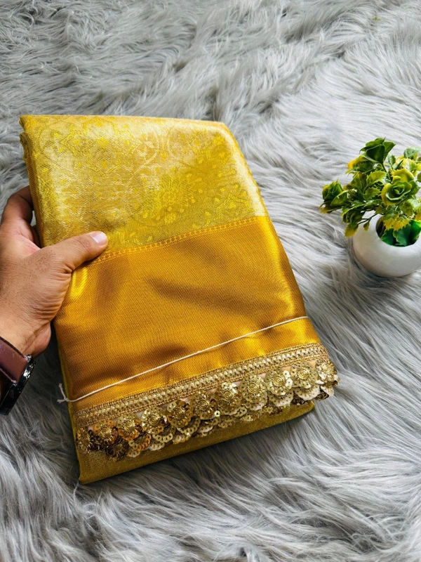 Celebrity Inspired Soft Silk Banarasi Saree with Designer Sequin Border - FREE, GOLDEN YELLOW