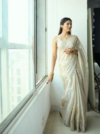 Celebrity Pooja Sawant Inspired Premium Raga Tissue Silk Saree with Elegant Round Butti and Tassels - FREE, Chiku