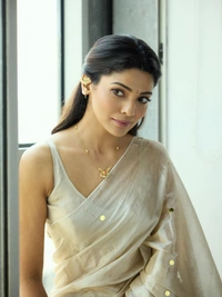 Celebrity Pooja Sawant Inspired Premium Raga Tissue Silk Saree with Elegant Round Butti and Tassels - FREE, Chiku