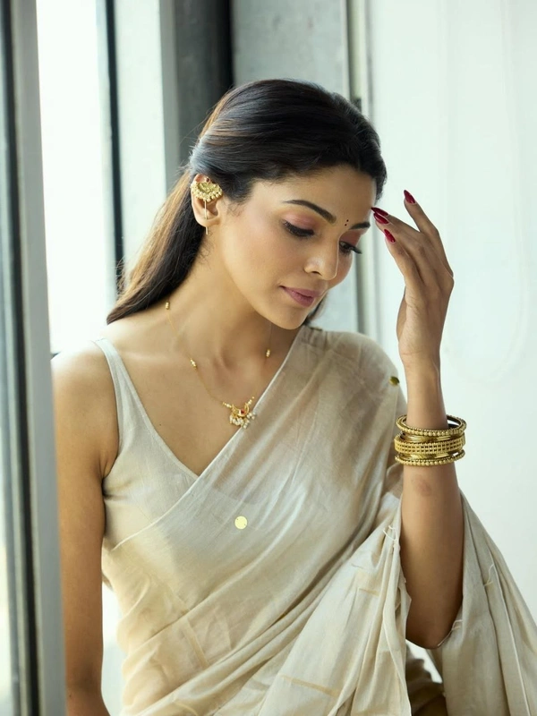Celebrity Pooja Sawant Inspired Premium Raga Tissue Silk Saree with Elegant Round Butti and Tassels - FREE, Chiku