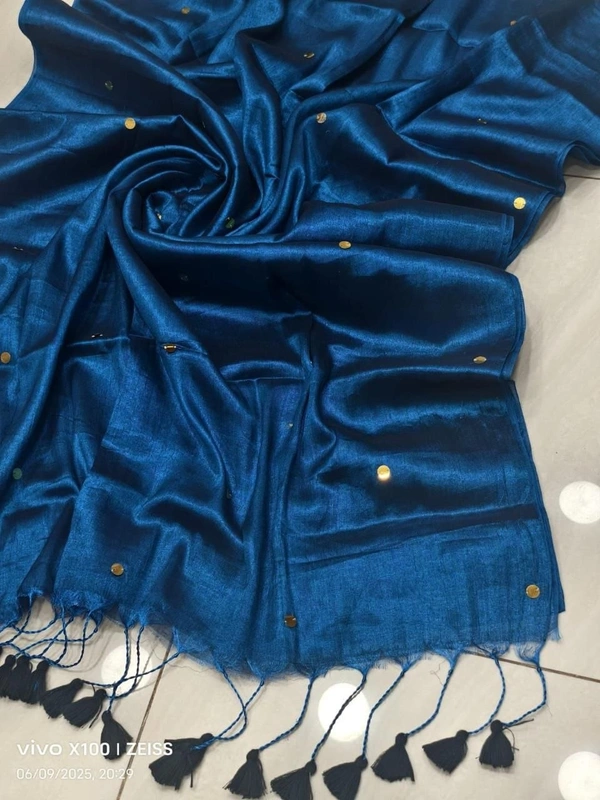 Celebrity Pooja Sawant Inspired Premium Raga Tissue Silk Saree with Elegant Round Butti and Tassels - FREE, Peacock Blue