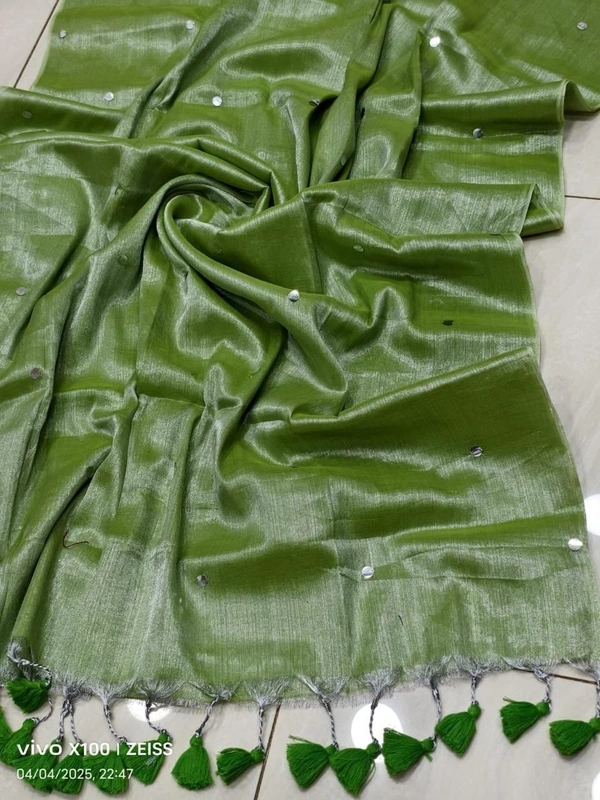 Celebrity Pooja Sawant Inspired Premium Raga Tissue Silk Saree with Elegant Round Butti and Tassels - FREE, Pista Green