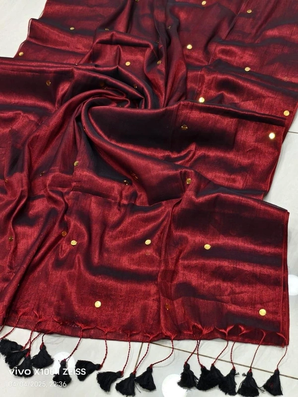 Celebrity Pooja Sawant Inspired Premium Raga Tissue Silk Saree with Elegant Round Butti and Tassels - FREE, Deep Maroon
