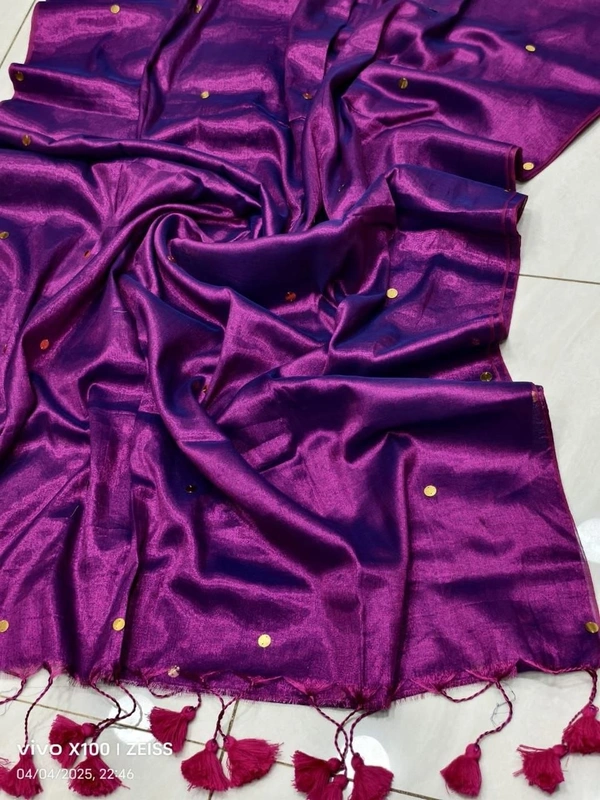 Celebrity Pooja Sawant Inspired Premium Raga Tissue Silk Saree with Elegant Round Butti and Tassels - FREE, Purple