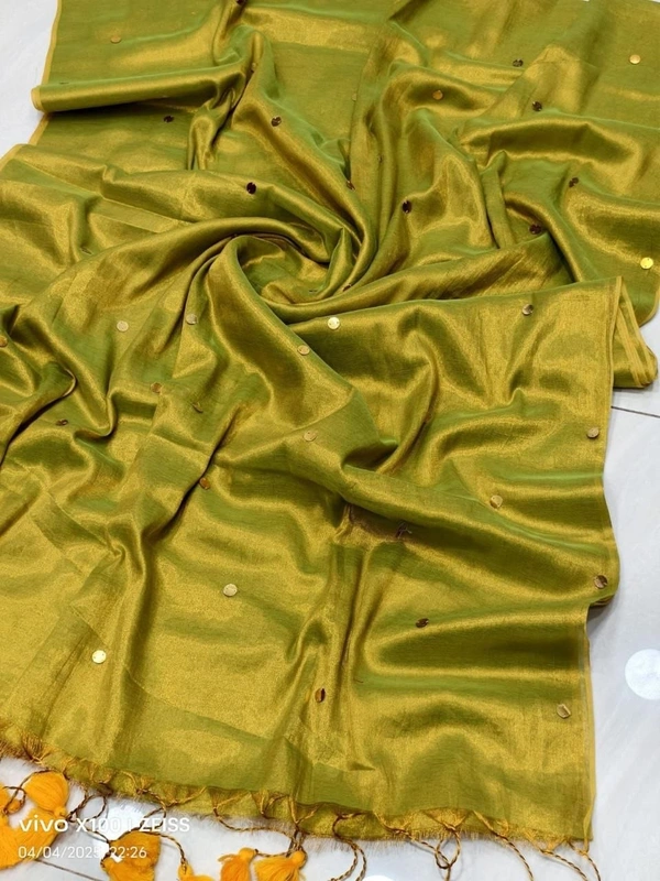 Celebrity Pooja Sawant Inspired Premium Raga Tissue Silk Saree with Elegant Round Butti and Tassels - FREE, Mehndi Green