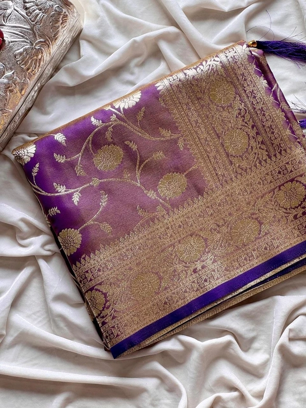 Charming Glass Satin Banarasi Tissue Silk Saree with Floral Zari Jaal and Rich Pallu
