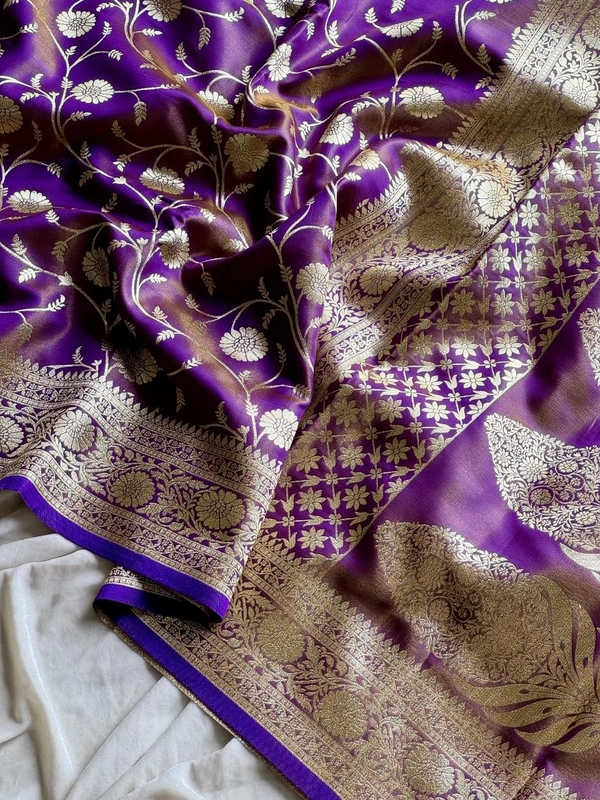 Charming Glass Satin Banarasi Tissue Silk Saree with Floral Zari Jaal and Rich Pallu - FREE, Purple