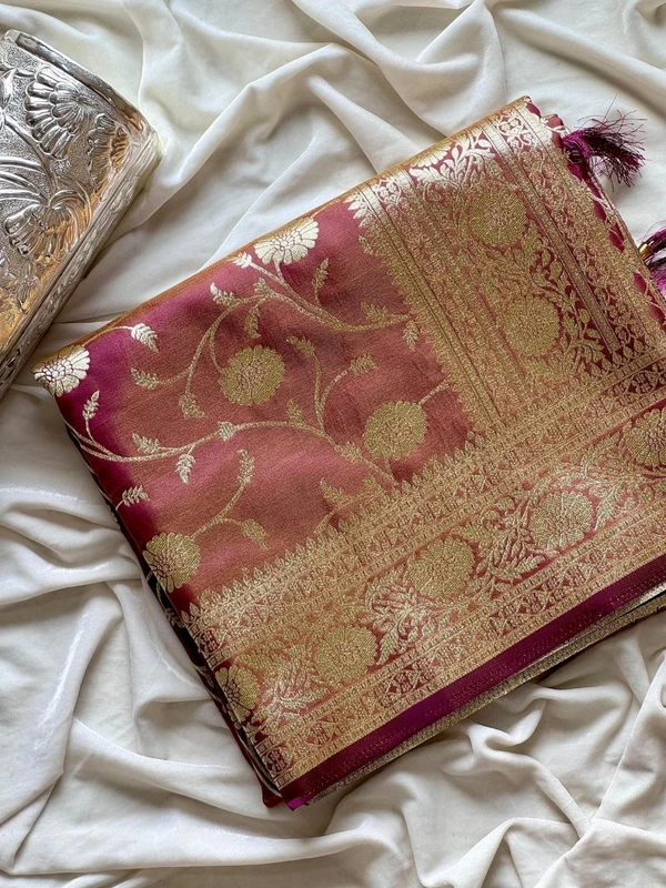 Charming Glass Satin Banarasi Tissue Silk Saree with Floral Zari Jaal and Rich Pallu