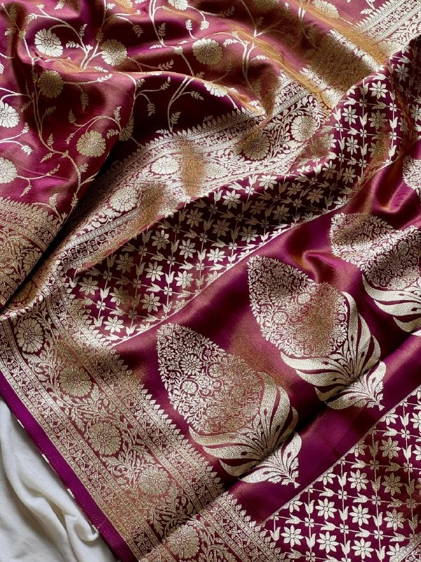 Charming Glass Satin Banarasi Tissue Silk Saree with Floral Zari Jaal and Rich Pallu - FREE, Maroon