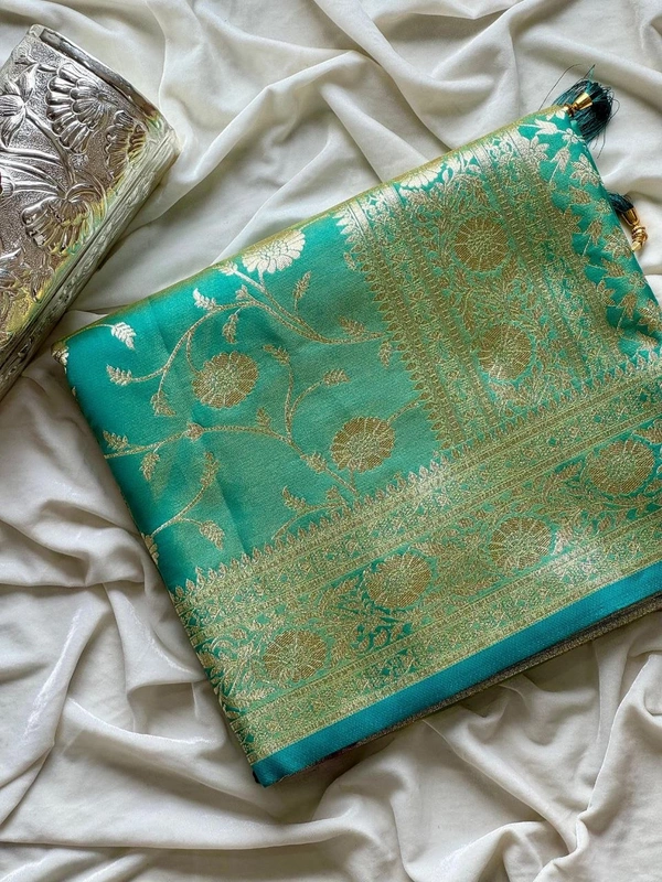 Charming Glass Satin Banarasi Tissue Silk Saree with Floral Zari Jaal and Rich Pallu