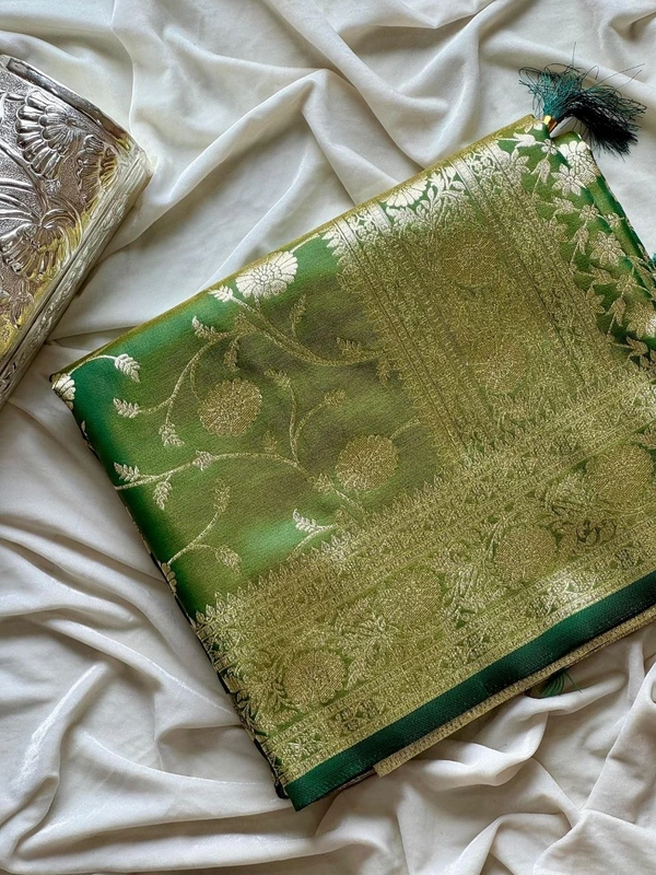 Charming Glass Satin Banarasi Tissue Silk Saree with Floral Zari Jaal and Rich Pallu