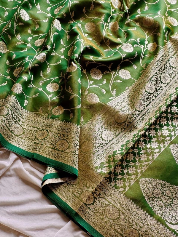 Charming Glass Satin Banarasi Tissue Silk Saree with Floral Zari Jaal and Rich Pallu - FREE, Parrot Green