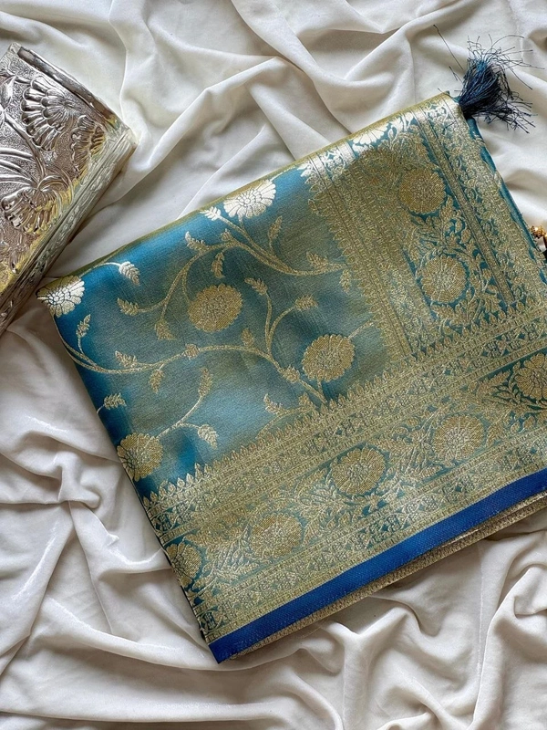 Charming Glass Satin Banarasi Tissue Silk Saree with Floral Zari Jaal and Rich Pallu