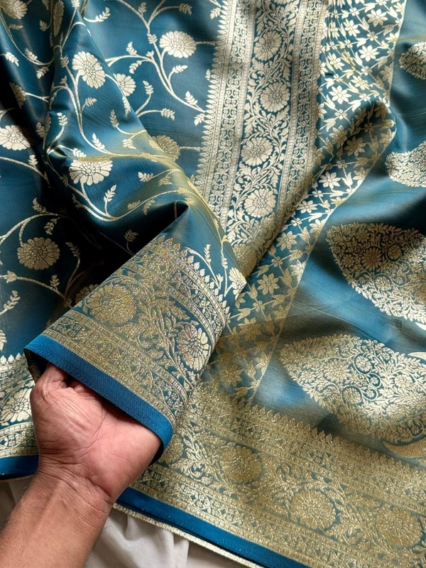 Charming Glass Satin Banarasi Tissue Silk Saree with Floral Zari Jaal and Rich Pallu - FREE, Royal Blue