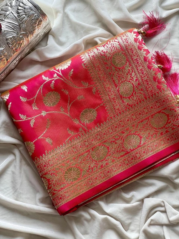 Charming Glass Satin Banarasi Tissue Silk Saree with Floral Zari Jaal and Rich Pallu