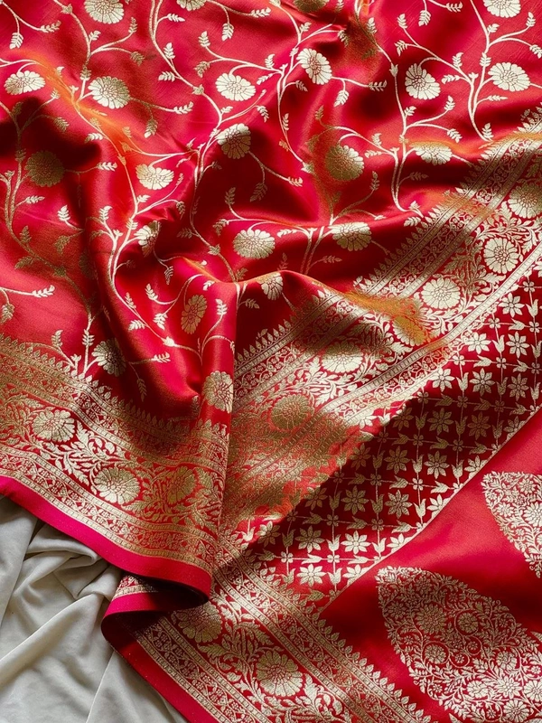 Charming Glass Satin Banarasi Tissue Silk Saree with Floral Zari Jaal and Rich Pallu - FREE, Rani Pink
