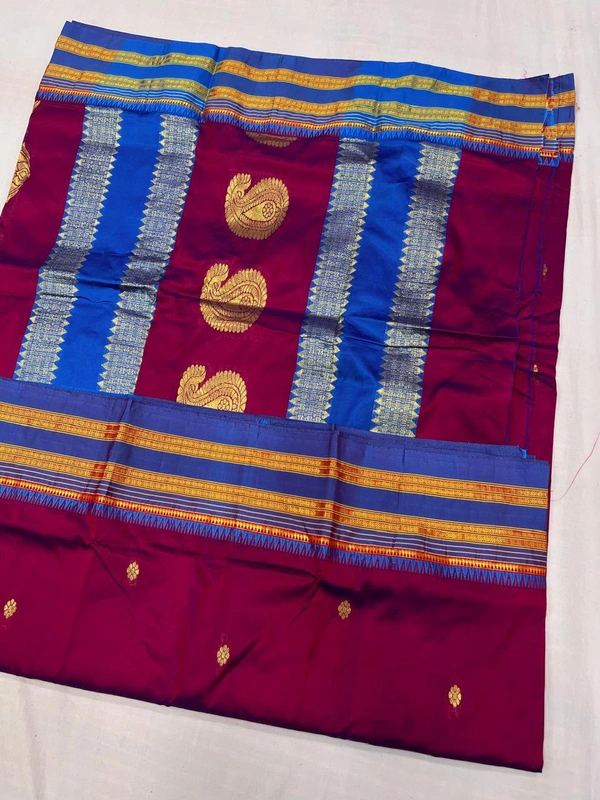 Classic Hand-woven Narayanpeth Silk Saree with Ethnic Motifs - Free, Deep Wine