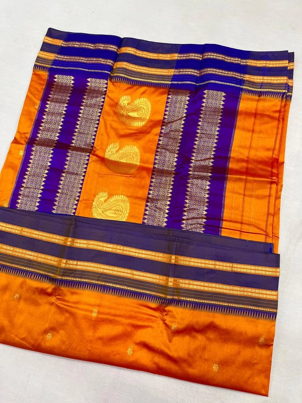 Classic Narayanpeth Handloom Silk Saree with Rich Temple Texture - Free, MustardOrange