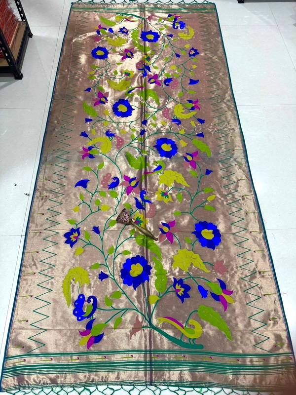 Deluxe Antique Gold Soft Silk with Vibrant All Over Meenakari Floral Jaal and Peacock Borders. - 2.5mt, Gold