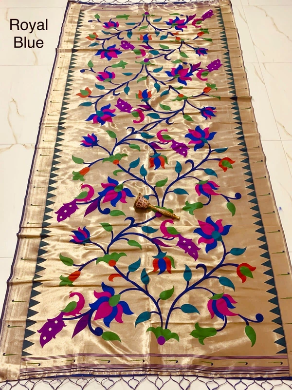 Deluxe Royal Blue Soft Silk Saree with All Over Meenakari Style Peacock Floral Motifs. - 2.5mt, Royal Blue