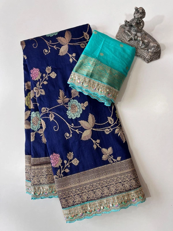 Designer Dolla Silk Saree with Zari Pallu, Meenakari Body & Thread Work Border - FREE, Dark blue