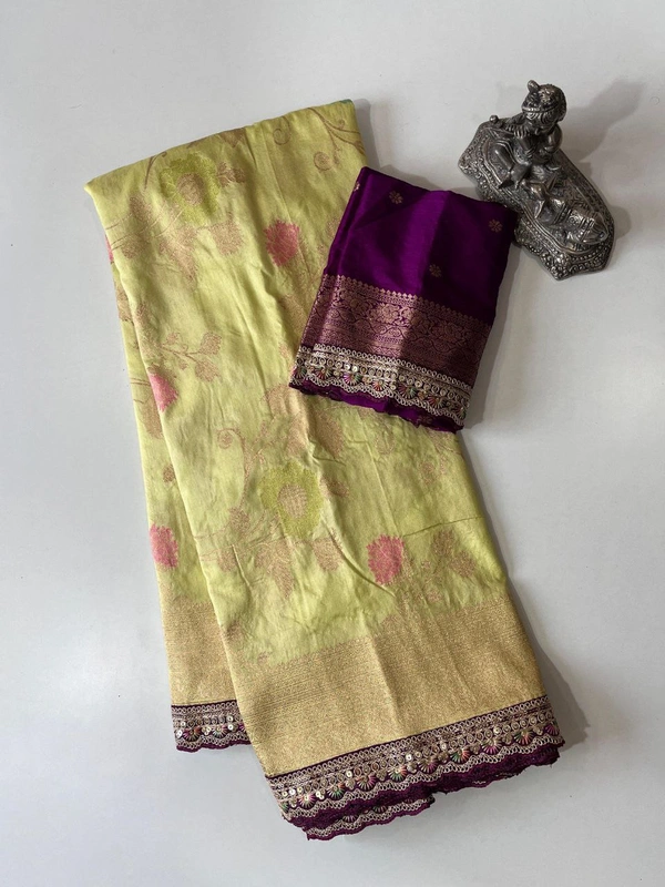 Designer Dolla Silk Saree with Zari Pallu, Meenakari Body & Thread Work Border - FREE, Light yellow