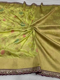 Designer Dolla Silk Saree with Zari Pallu, Meenakari Body & Thread Work Border - FREE, Light yellow