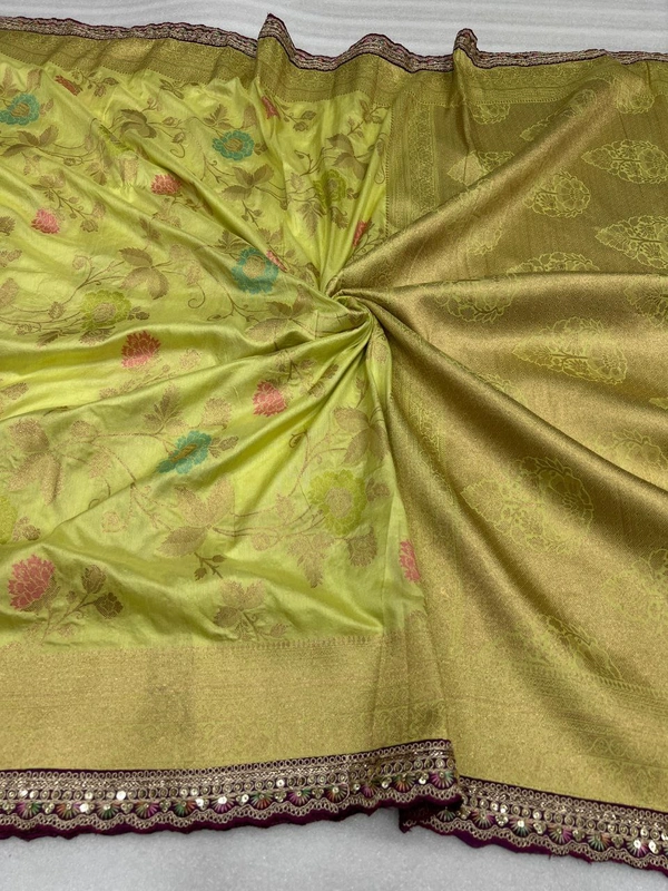 Designer Dolla Silk Saree with Zari Pallu, Meenakari Body & Thread Work Border - FREE, Light yellow