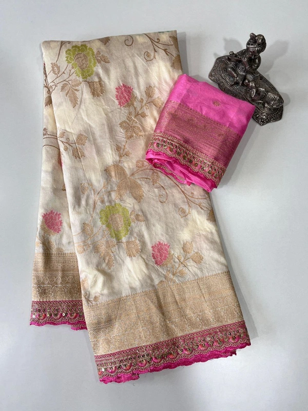 Designer Dolla Silk Saree with Zari Pallu, Meenakari Body & Thread Work Border - FREE, Off-white