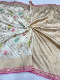 Designer Dolla Silk Saree with Zari Pallu, Meenakari Body & Thread Work Border - FREE, Off-white