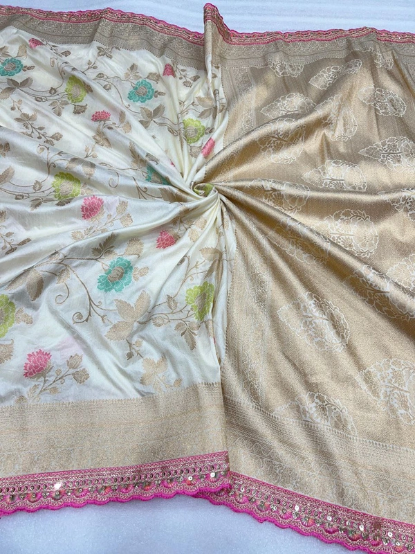Designer Dolla Silk Saree with Zari Pallu, Meenakari Body & Thread Work Border - FREE, Off-white