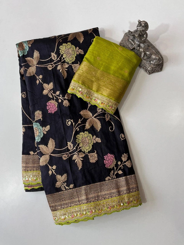 Designer Dolla Silk Saree with Zari Pallu, Meenakari Body & Thread Work Border - FREE, Black