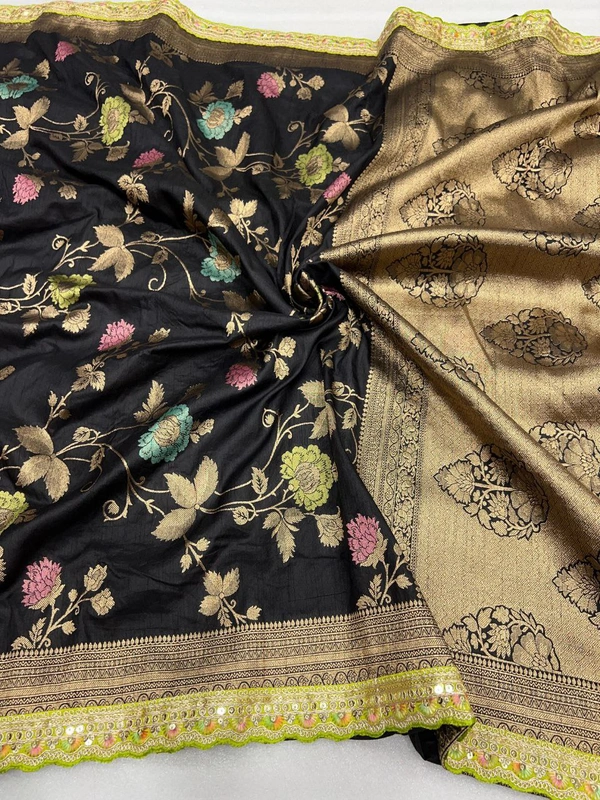 Designer Dolla Silk Saree with Zari Pallu, Meenakari Body & Thread Work Border - FREE, Black